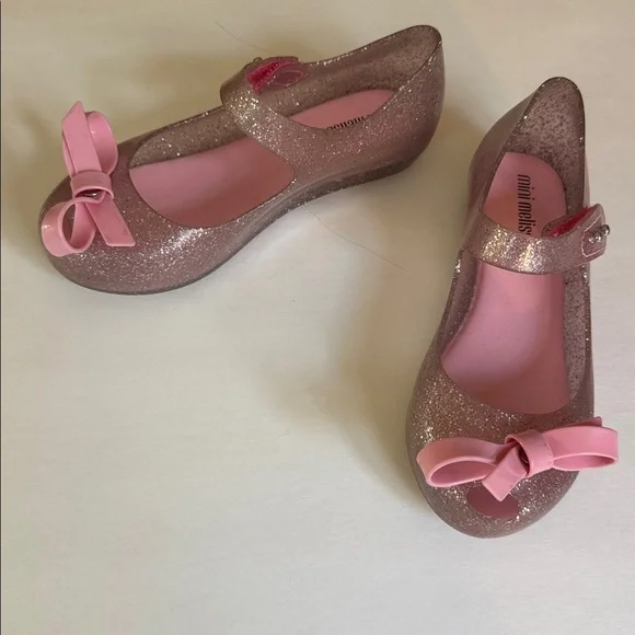 MINI MELISSA Girls 12 Glitter Pink Mary Janes w Bow, Peep Toe & Velcro Sandals - Picture 1 of 6